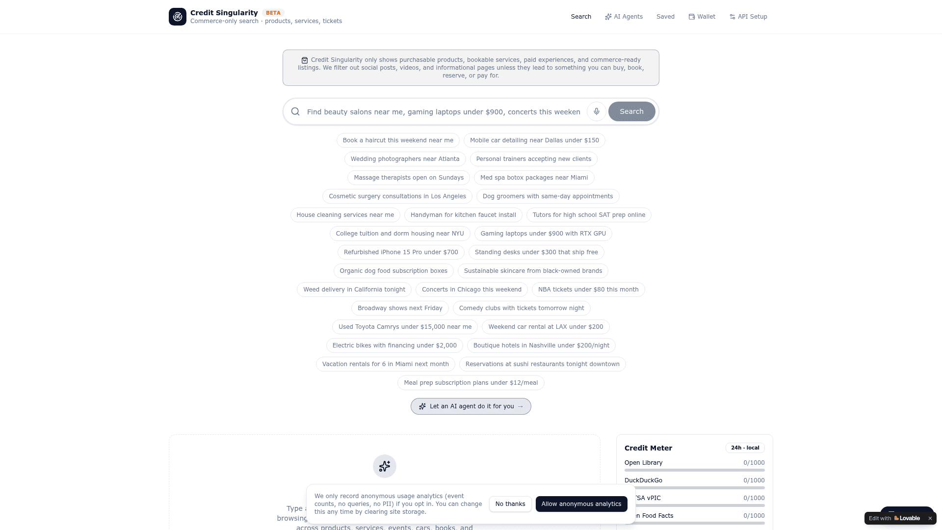 Credit Singularity — Commerce Search for Products, Services & Bookings